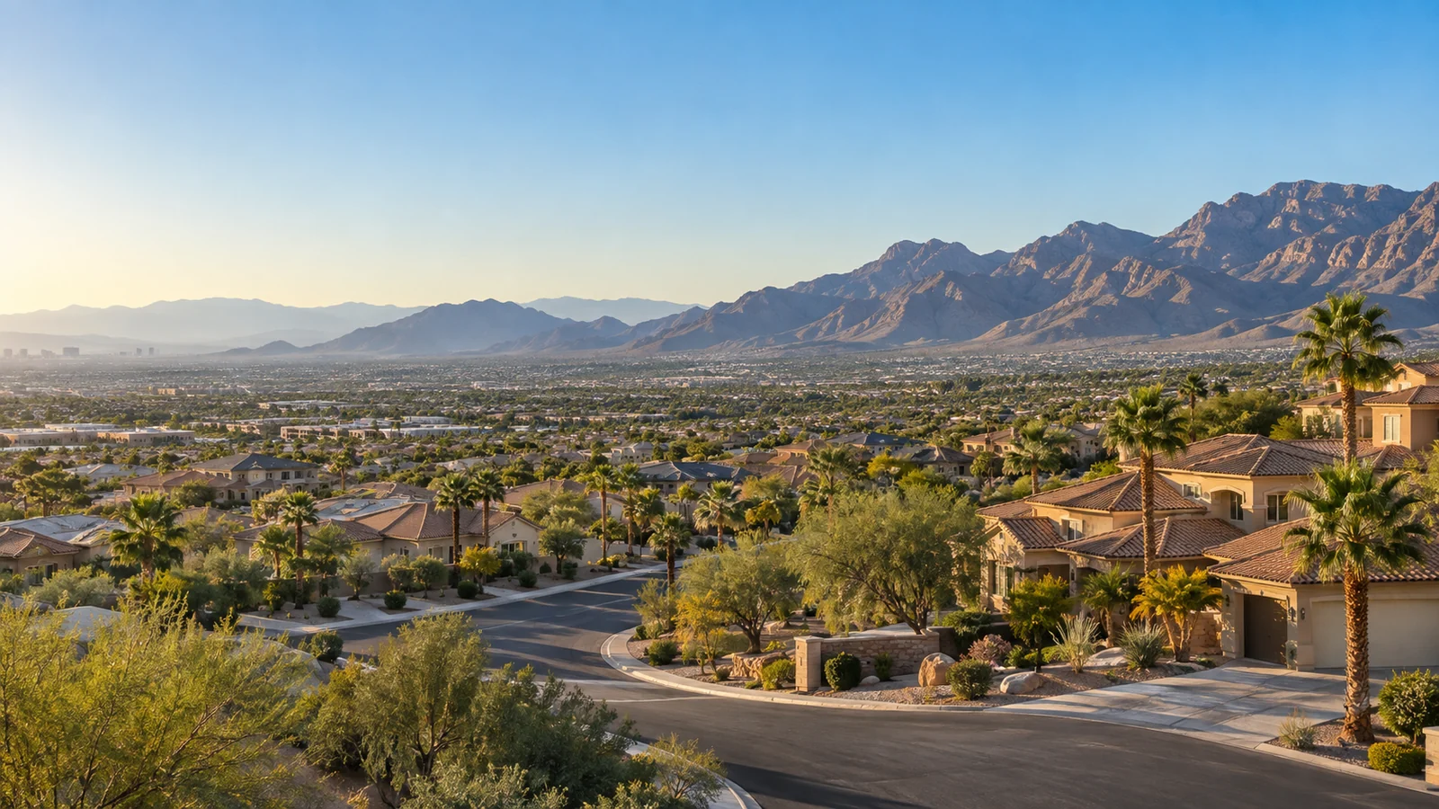 Illustrative homes and desert mountains for Ace Pest Control’s Las Vegas pest control service areas