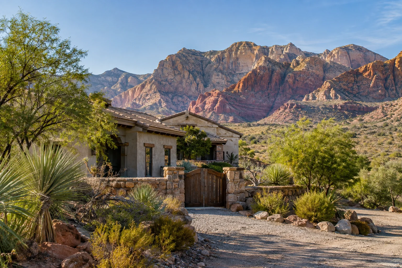 Illustrative desert cottage and sandstone mountains for Ace Pest Control’s pest control in Blue Diamond