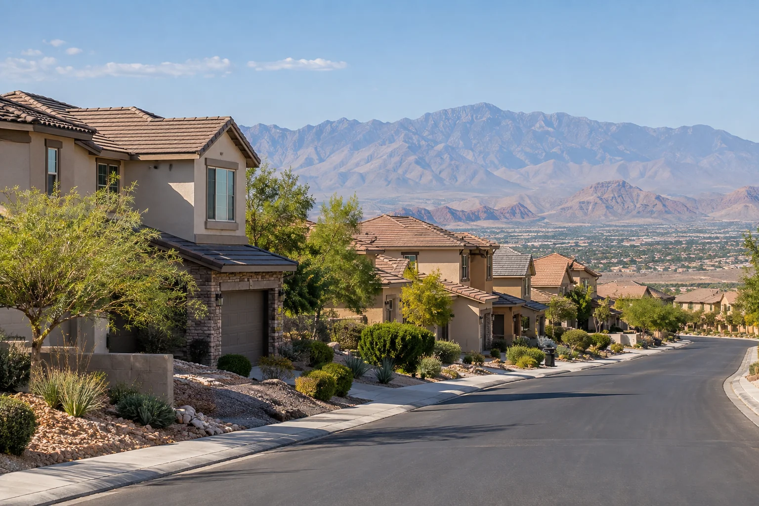Illustrative stucco homes and desert landscaping for Ace Pest Control’s pest control in Enterprise