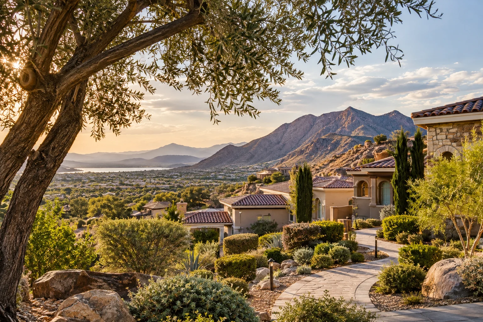 Illustrative hillside homes and an olive tree for Ace Pest Control’s pest control in Henderson