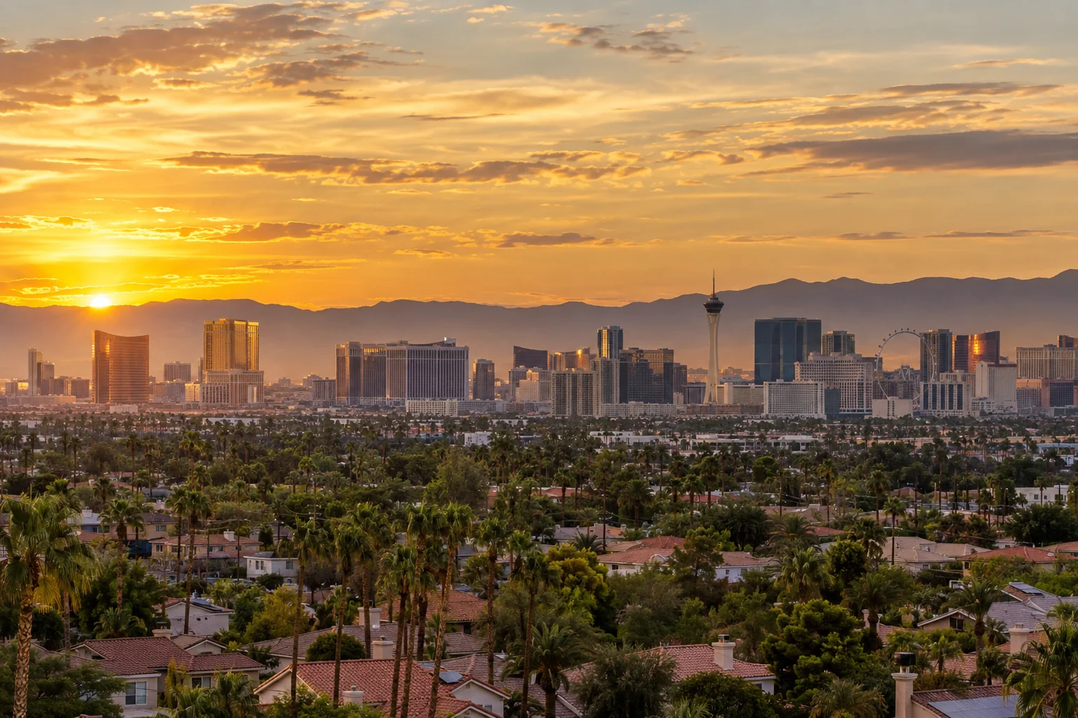 Illustrative resort skyline beyond neighborhood rooftops for Ace Pest Control’s pest control near the Las Vegas Strip