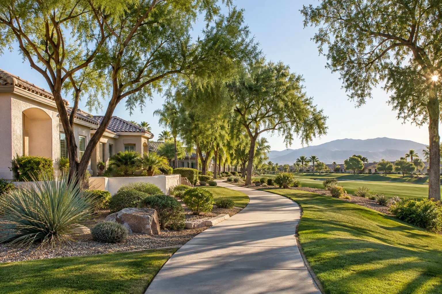 Illustrative homes along a shaded golf community sidewalk for Ace Pest Control’s pest control in Los Prados