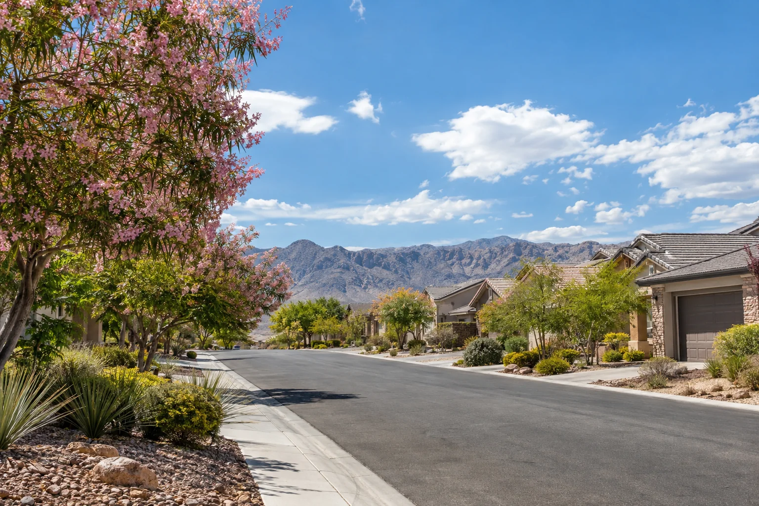 Illustrative neighborhood street and desert mountains for Ace Pest Control’s pest control in North Las Vegas