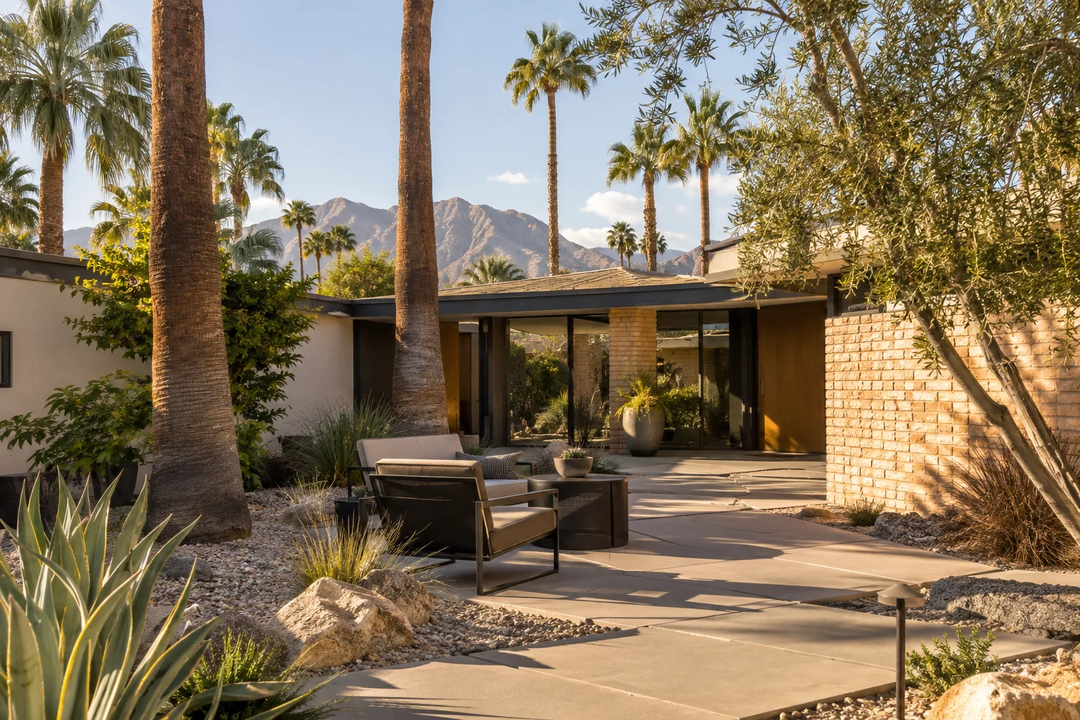 Illustrative residential courtyard with palms and shaded seating for Ace Pest Control’s pest control in Paradise