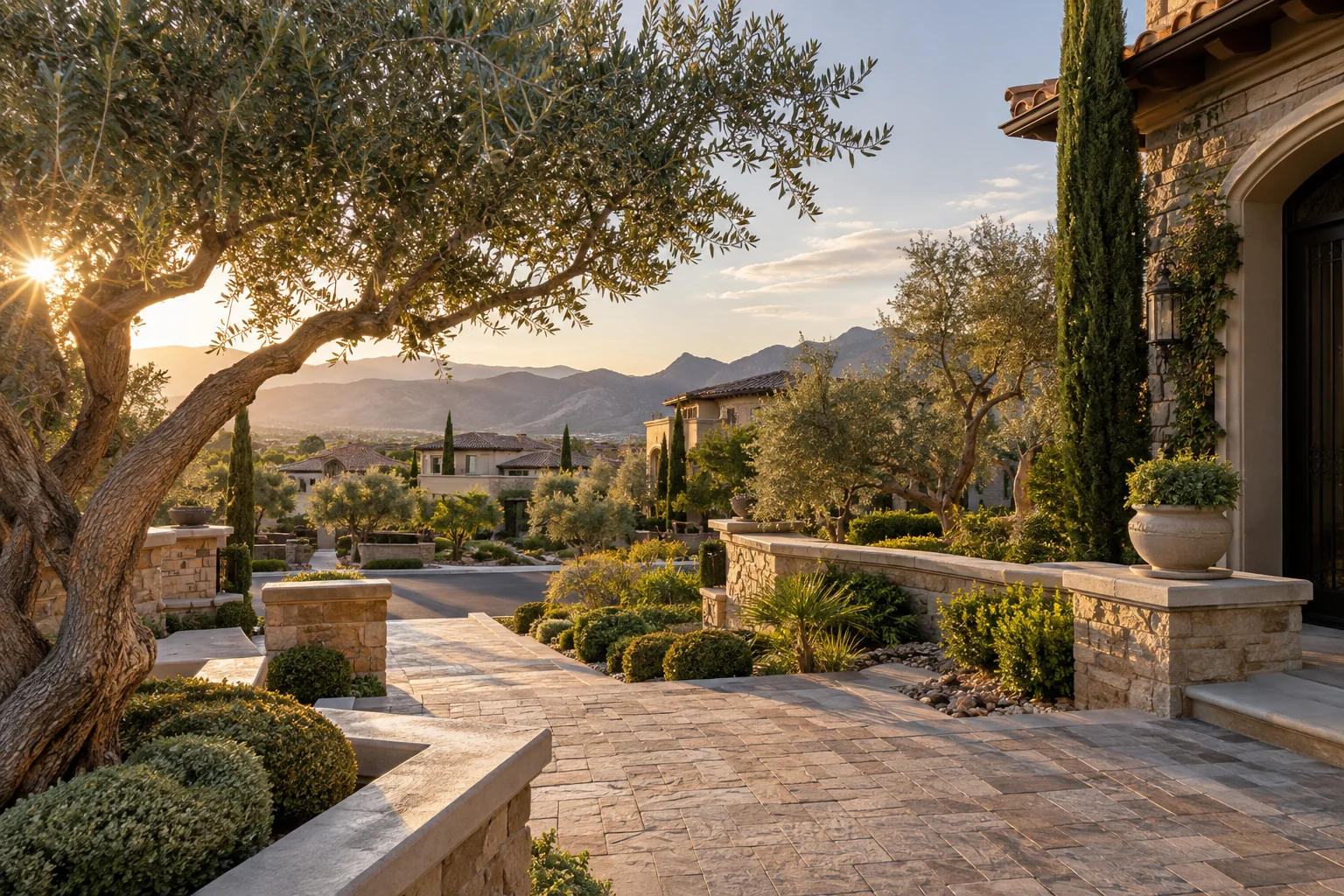 Illustrative homes with olive trees and a stone walkway for Ace Pest Control’s pest control in Southern Highlands