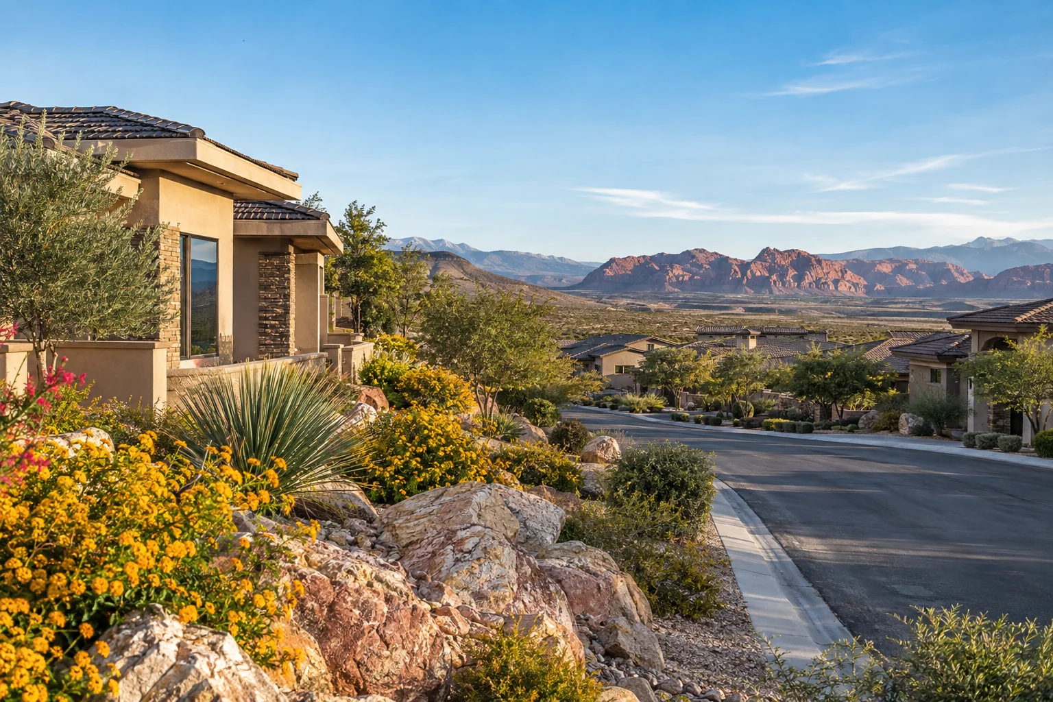 Illustrative stucco homes near desert foothills for Ace Pest Control’s pest control in Summerlin