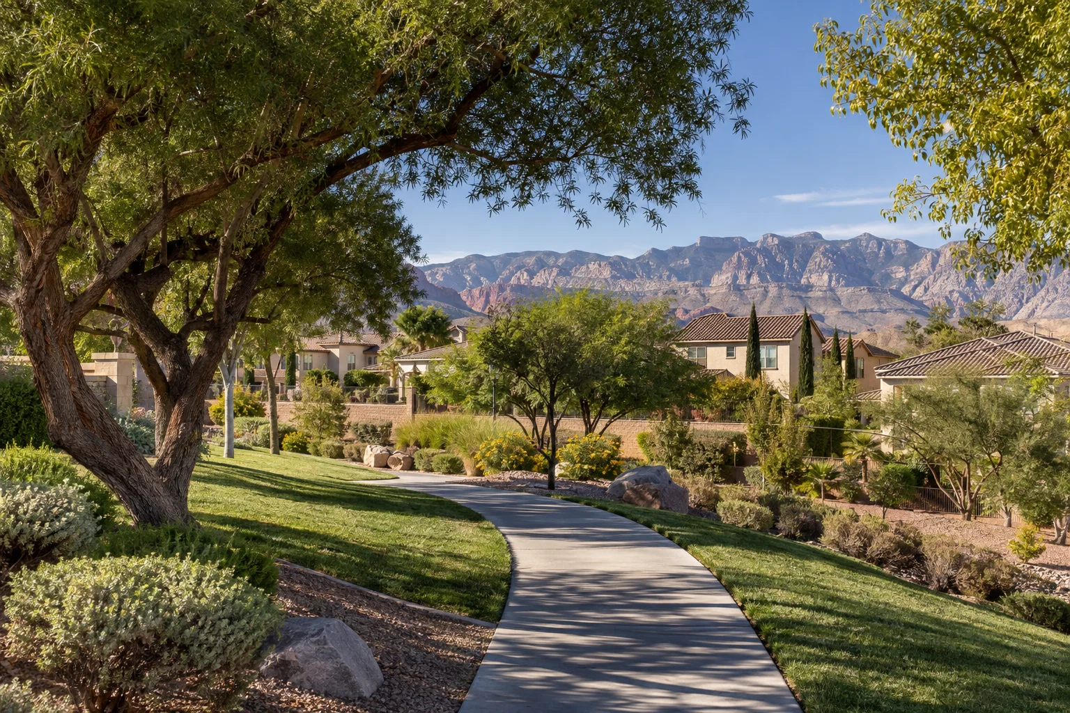 Illustrative shaded park path with homes beyond for Ace Pest Control’s pest control in Summerlin North
