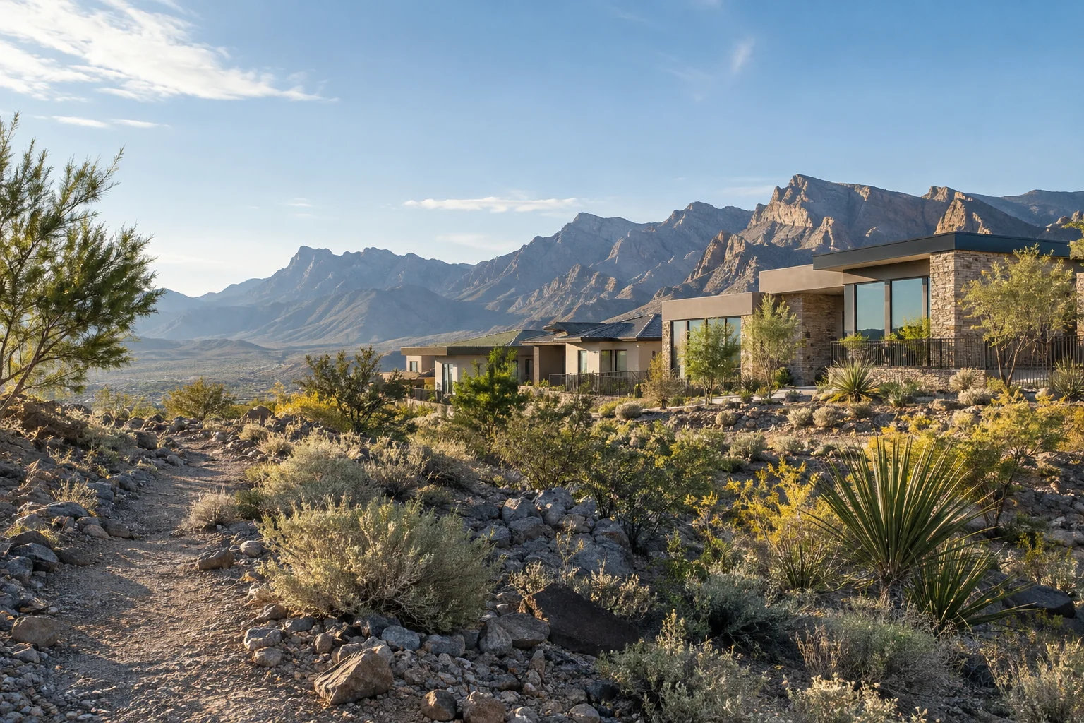 Illustrative homes beside a desert trail and mountain slopes for Ace Pest Control’s pest control in Summerlin West