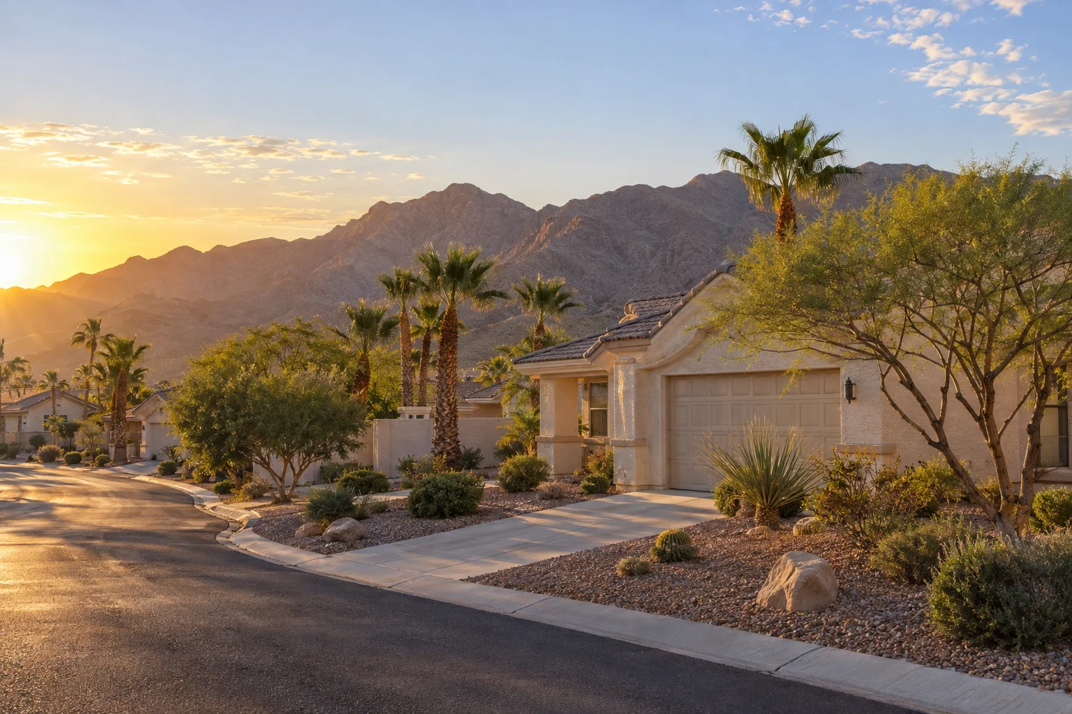 Illustrative stucco homes with a desert mountain backdrop for Ace Pest Control’s pest control in Sunrise Manor