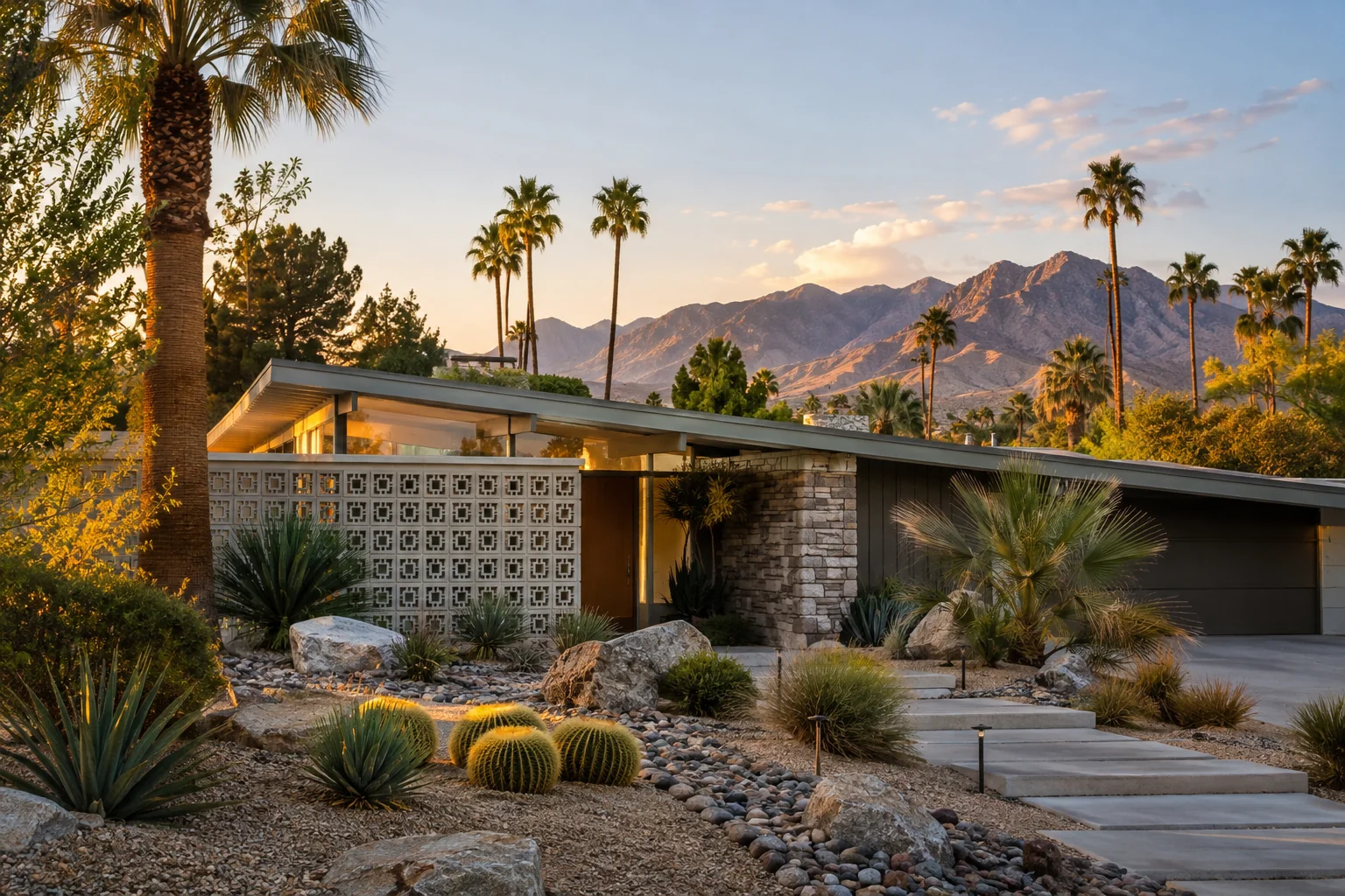 Illustrative midcentury home with palms and a desert garden for Ace Pest Control’s pest control in Winchester