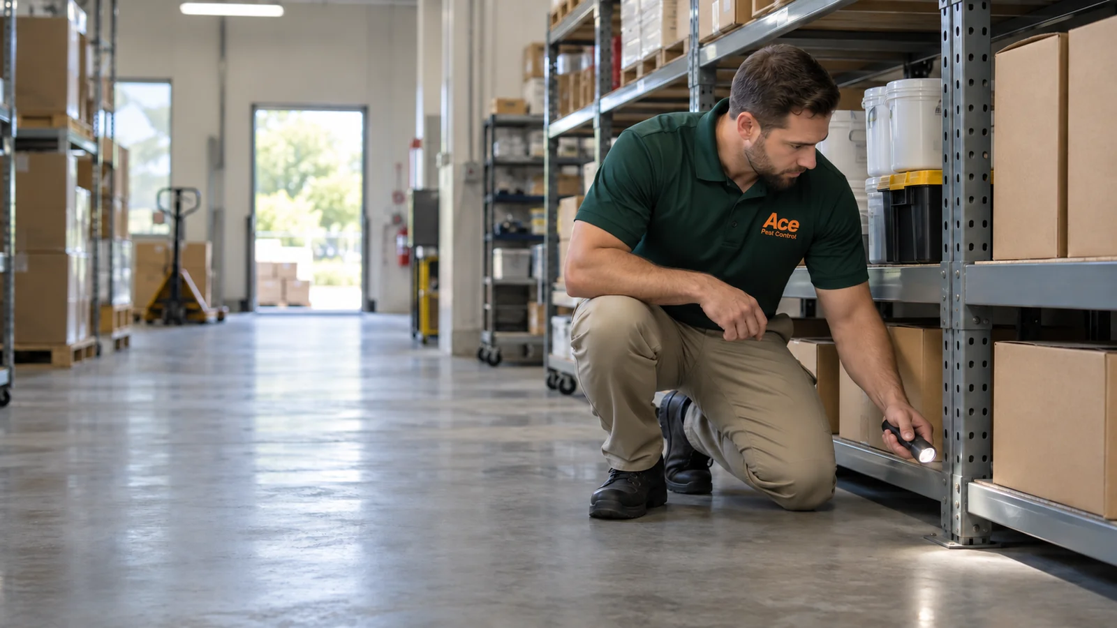 Illustrative Ace Pest Control technician checking warehouse shelves for commercial pest control in Las Vegas