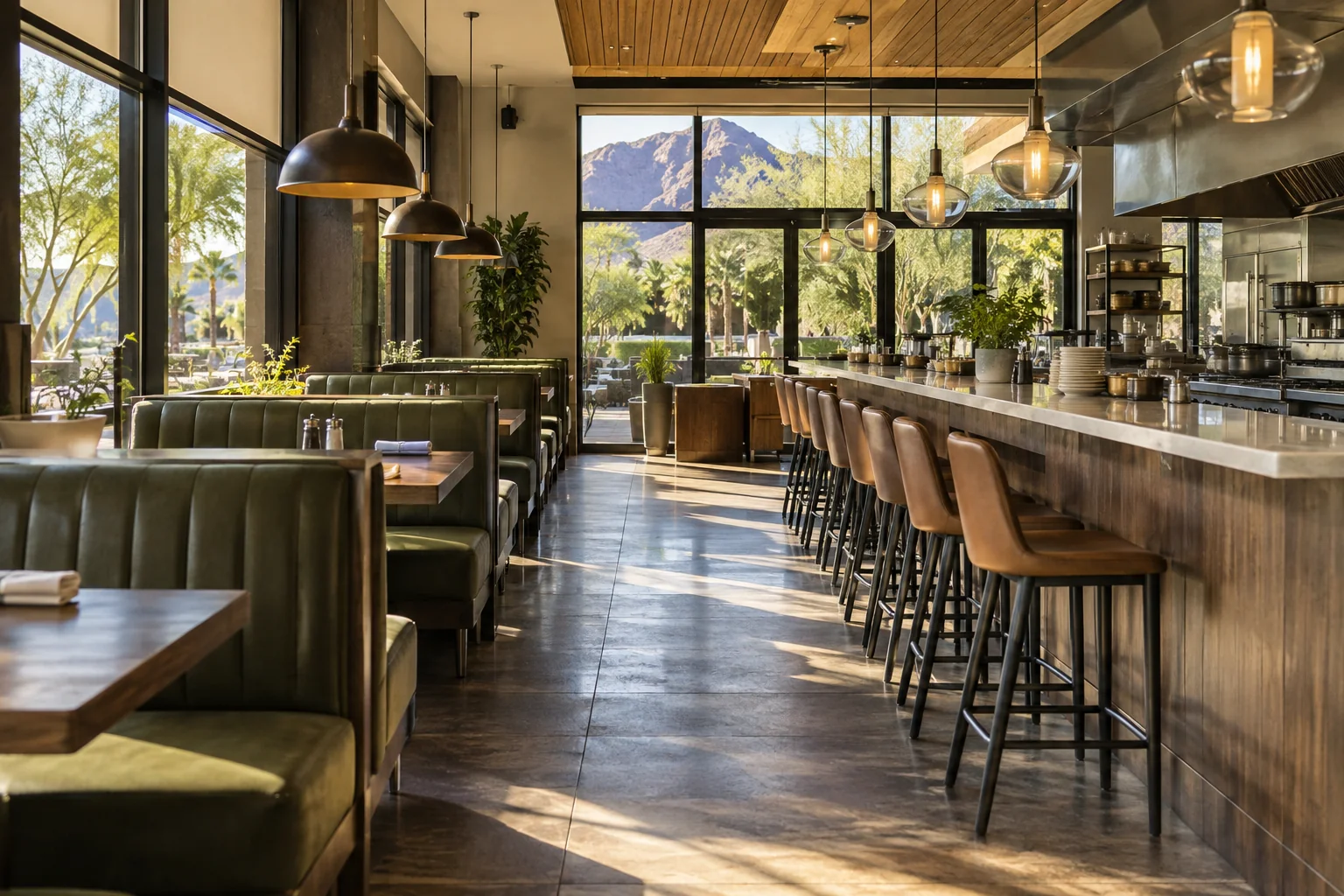 Illustrative restaurant dining room with green booths for Ace Pest Control commercial pest control in Las Vegas
