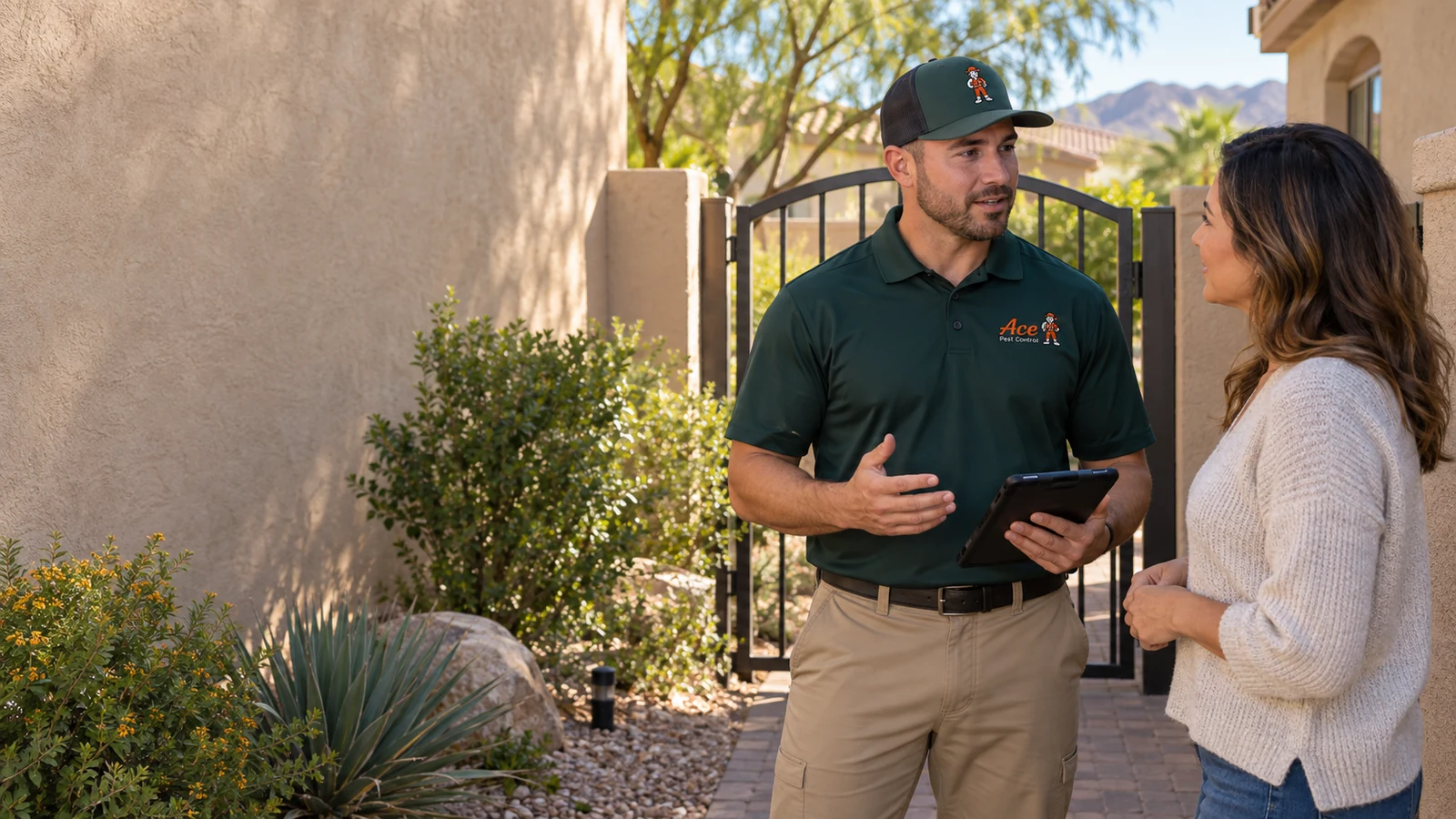 Illustrative Ace Pest Control technician speaking with a homeowner about Las Vegas pest control at a garden gate