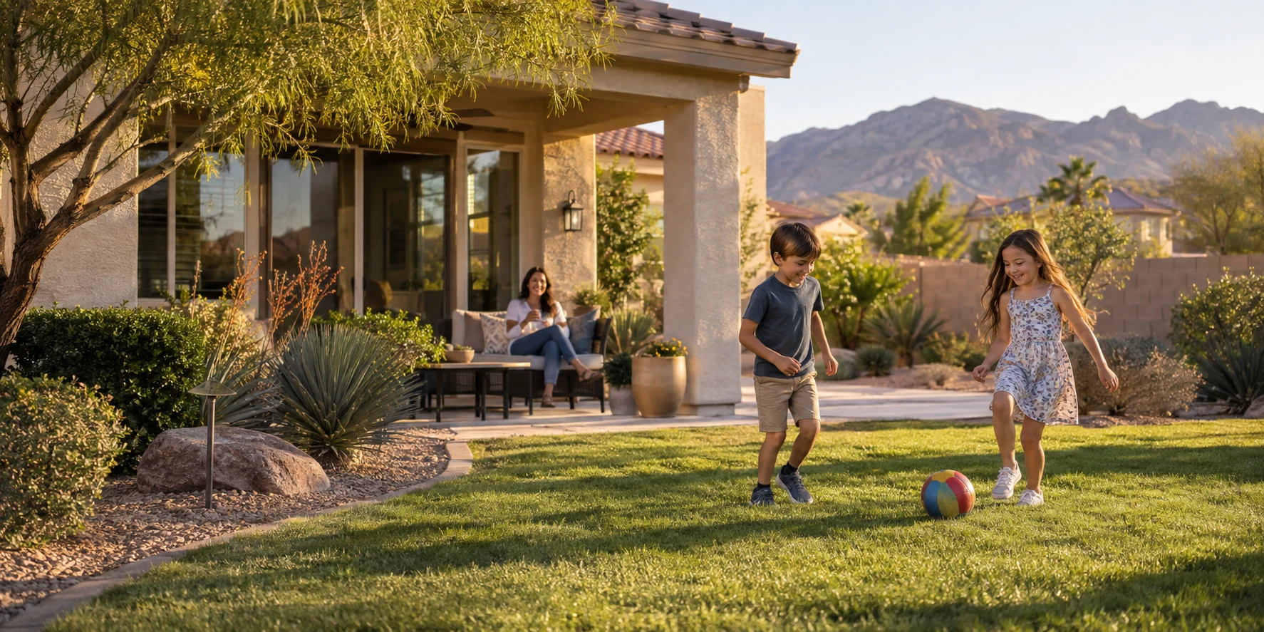 Illustrative children playing in a Las Vegas yard for Ace Pest Control residential pest control