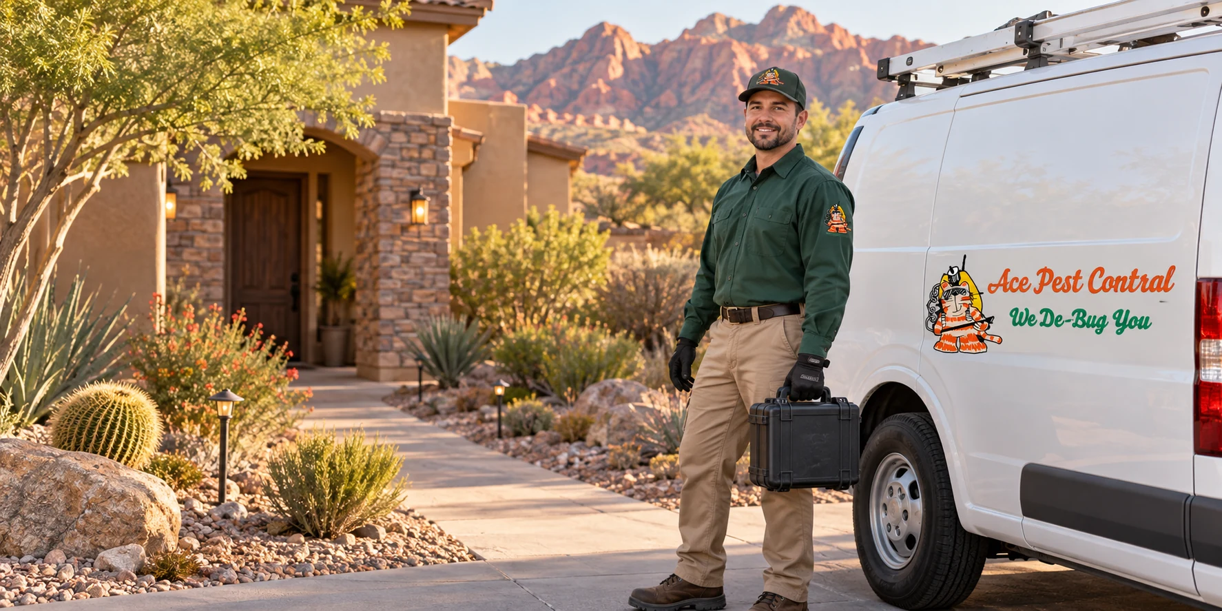 Illustrative Ace Pest Control technician beside a branded service van for Las Vegas pest control
