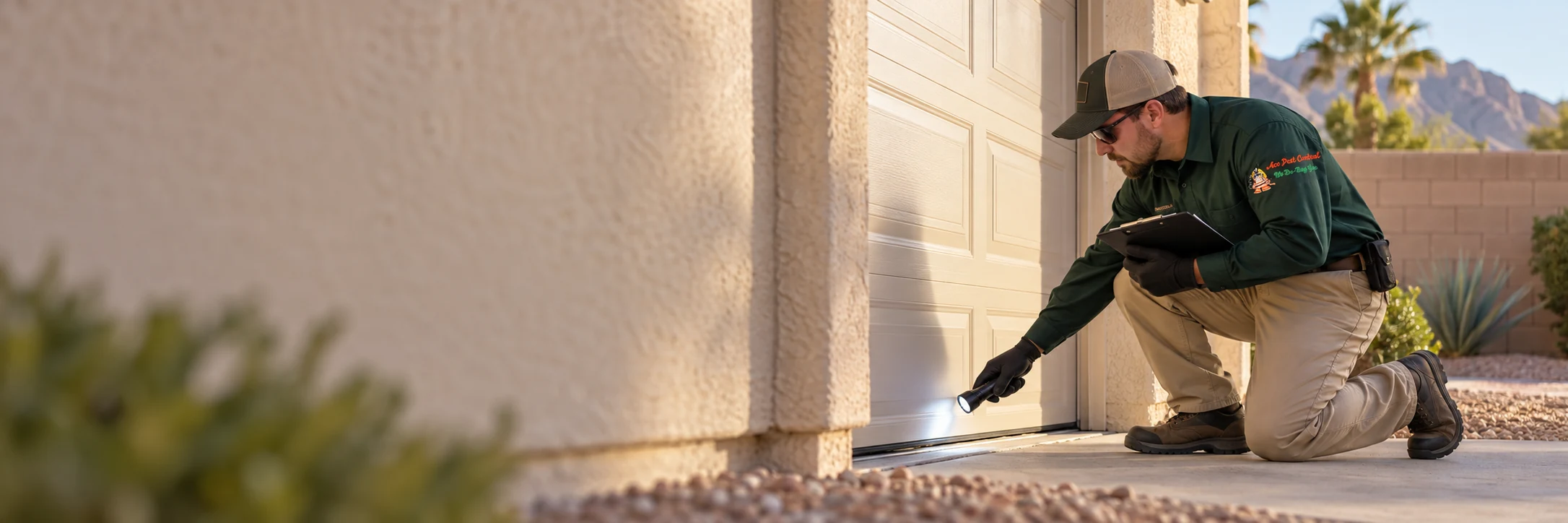 Illustrative Ace Pest Control technician inspecting a garage threshold for pest entry points in Las Vegas