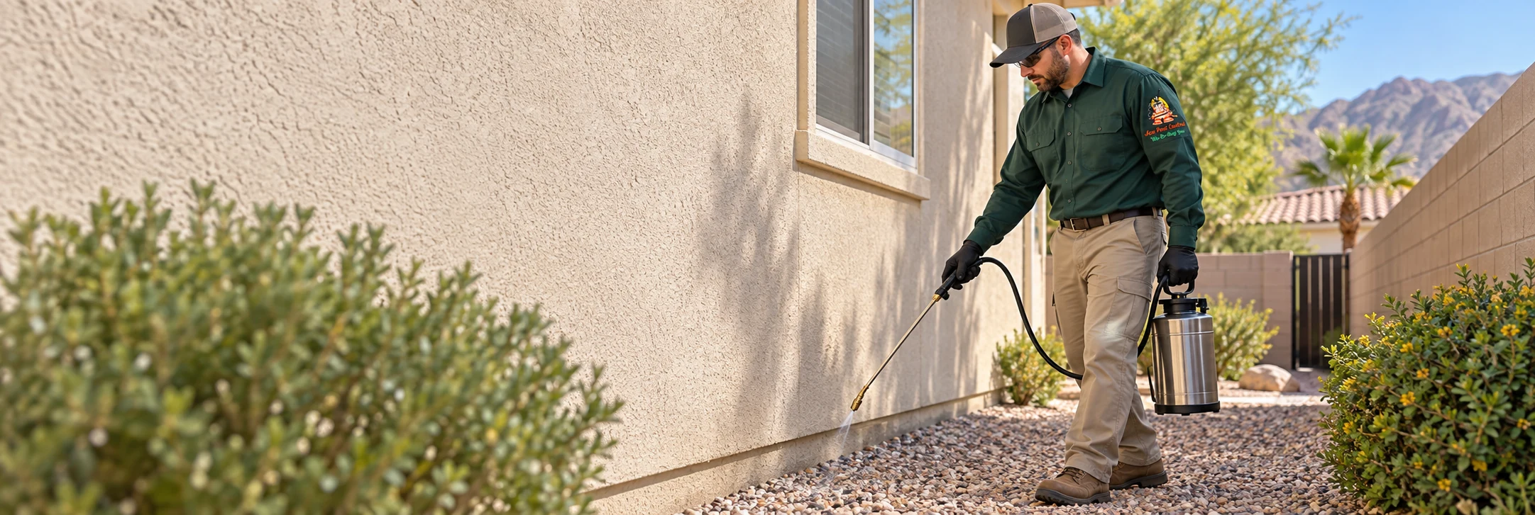 Illustrative Ace Pest Control technician applying a targeted exterior pest treatment at a Las Vegas home