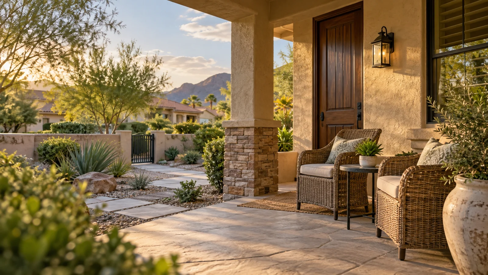 Illustrative empty porch and desert garden representing the neighborhood setting for Ace Pest Control reviews